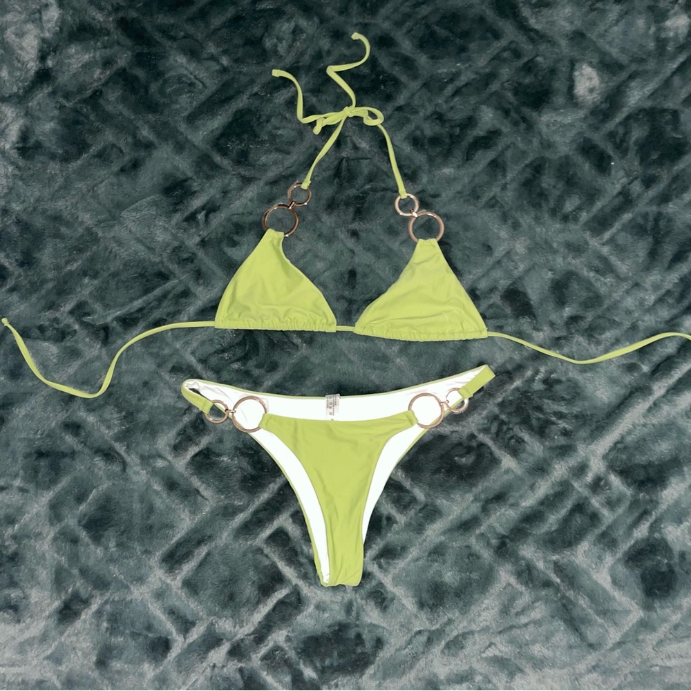 Green bikini with gold hoop details